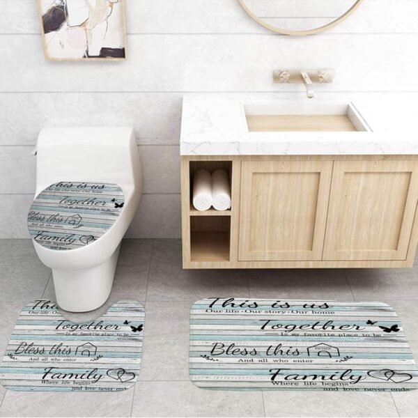 juwute 4Pcs Family Shower Curtain Sets with Non-Slip Rugs, Toilet Lid Cover and Bath Mat, Wood Grain Home Bathroom Decor Set Accessories Waterproof Shower Curtains with 12 Hooks, 72 x 72 Inch