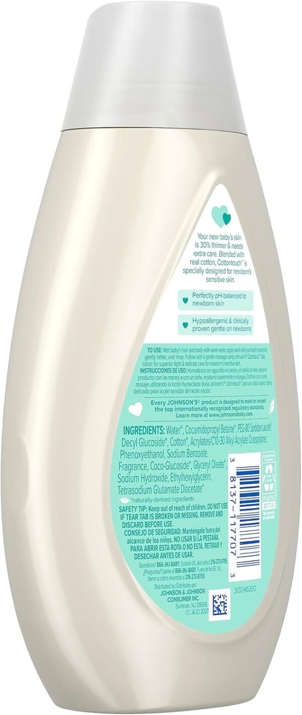 Johnson's CottonTouch Newborn Baby Body Wash & Shampoo, Gentle & Tear-Free, Made with Real Cotton, Gently Washes Away Dirt & Germs, Sulfate- & Paraben-Free for Sensitive Skin, 13.6 fl. oz