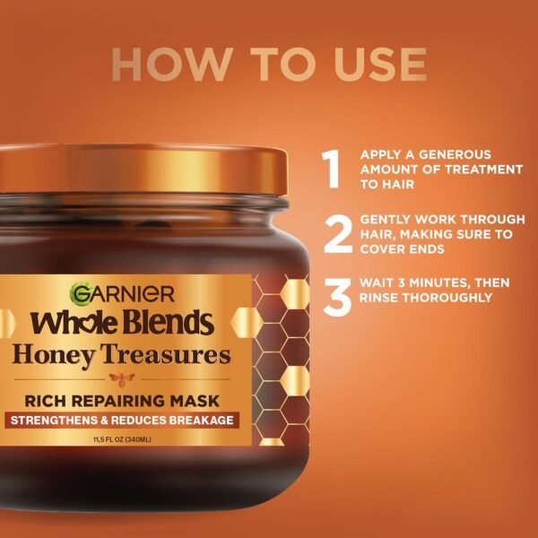 Garnier Whole Blends Honey Treasures Repairing Mask, for Dry, Damaged Hair, 11.5 Fl Oz, 2 Count (Packaging May Vary)