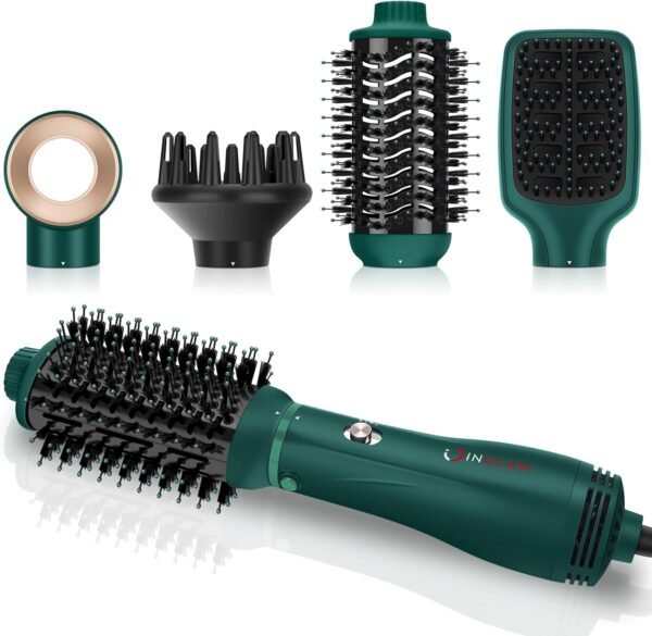 71EEWibNbQL._AC_SL1500_.jpg IG INGLAM Hair Dryer Brush, 4-in-1 Detachable Blow Dryer Brush, Ionic Diffuser Hair Dryer & Styler Volumizer with Oval Titanium Barrel, One-Step Hot Air Blowout Brush, Dark Green