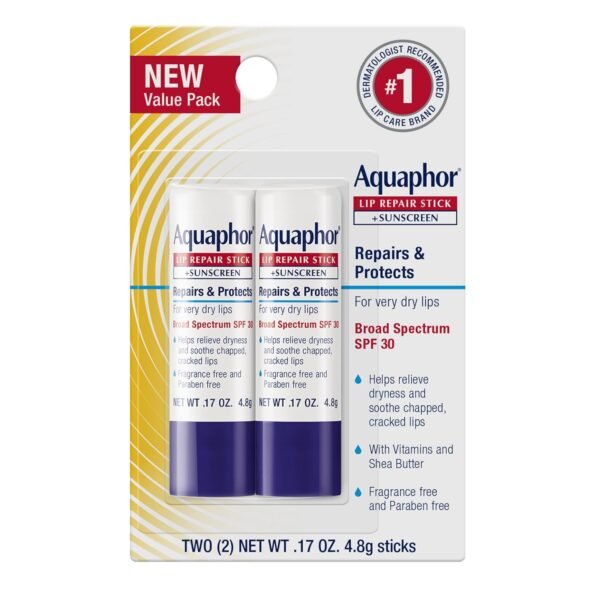 71EN3d79LuL._SL1500_.jpg Aquaphor Lip Balm Set with Jojoba Oil and Shea Butter, Lip Repair Stick (2 x 0.17 Oz) + Repair Stick with Sunscreen SPF 30 (2 x 0.17 Oz), Fragrance Free, Paraben Free, Immediately Relieves Dryness