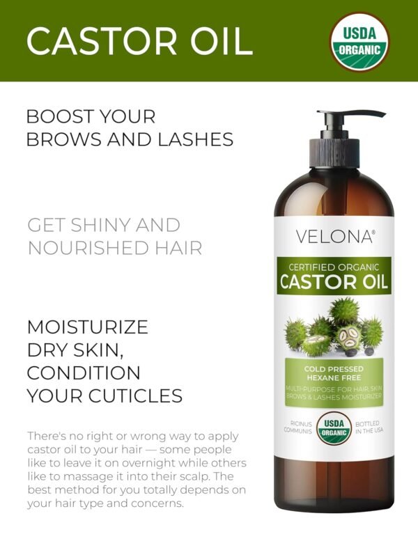 velona USDA Certified Organic Castor Oil - 32 fl oz | For Hair Growth, Boost Eyelashes, Eyebrows | Cold pressed, Natural Oil, USP Grade | Hexane Free, Lash Serum, Caster