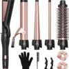 5 in 1 Curling Iron with Thermal Brush and 4 Interchangeable Ceramic Barrels(1/2 to 1 1/2 inch), Curling Wand Set with Flat Iron, Fast Heating, Dual Voltage Hair Curler, Gifts for Women