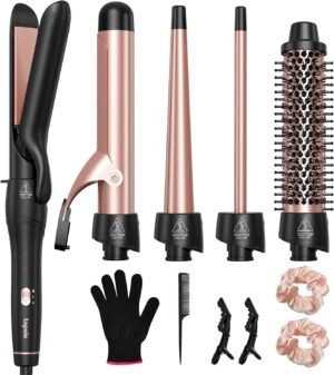 71EWqWCoEPL._AC_SL1500_.jpg 5 in 1 Curling Iron with Thermal Brush and 4 Interchangeable Ceramic Barrels(1/2 to 1 1/2 inch), Curling Wand Set with Flat Iron, Fast Heating, Dual Voltage Hair Curler, Gifts for Women