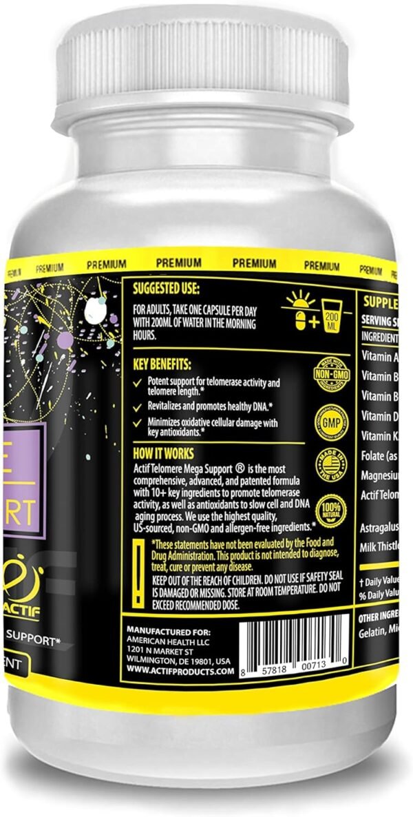 ACTIF Telomere Mega Support with 10+ Factors, Non-GMO, Telomerase and DNA Supplement for Energy, Memory and Anti-Aging, Made in USA, 60 Count