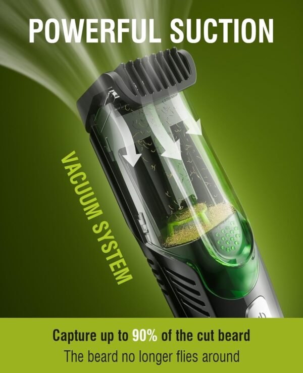 Beard Trimmer for Men: Vacuum Mustache Trimmer IPX7 Waterproof- Rechargeable Electric Beard Cutting Kit with Adjustable Length Comb- Built-in Vacuum for Sideburns, Stubble