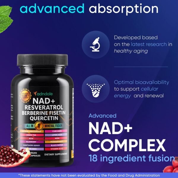 NAD Supplement. Longevity Formula with Liposomal NAD+, Trans Resveratrol, Quercetin, Berberine, Betaine Anhydrous, Grape Seed, Fisetin. NAD Resveratrol Supplement with Berberine 90 Capsules.
