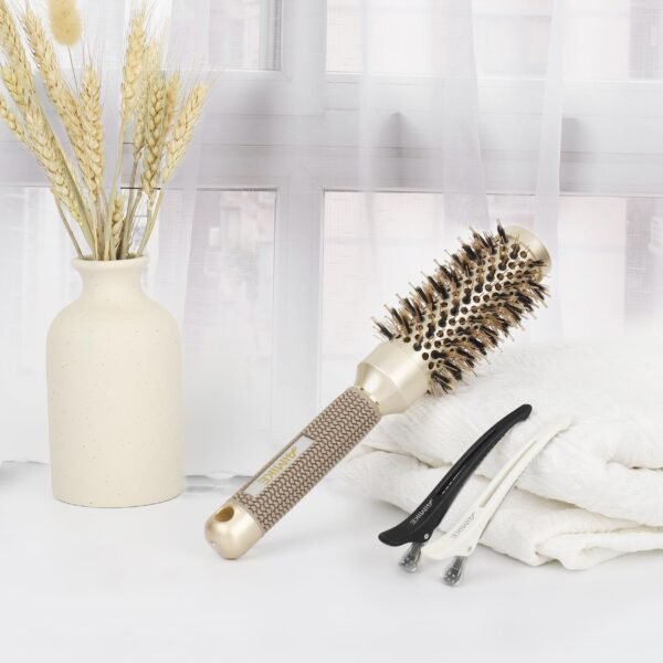 71F0uCY6ovL._SL1500_.jpg AIMIKE Round Brush, 1.3 Inch Barrel, Nano Thermal Ceramic & Ionic Tech, Boar Bristles, for Blow Drying, Styling, Curling and Shine, Gold + 4 Clips