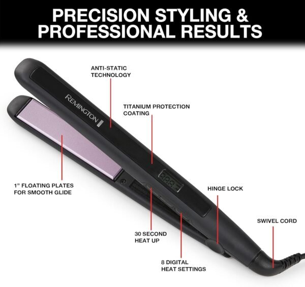 71FB8m4pynL._AC_SL1500_.jpg Remington 1" Flat Iron, Hair Straightener with Anti-Static Technology, Rapid 30-Second Heat-Up, 60-Minute Auto Shut-Off, 30% Longer Ceramic Floating Plates, and Titanium-Ceramic Coating