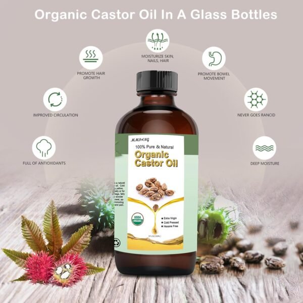 71FFnxzo7BL._SL1500_.jpg USDA Organic Castor Oil 8 fl oz - Cold Pressed, Hexane Free, Unrefined for Hair Growth, Eyelash & Skin Care | 100% Pure Natural Castor Seed Oil in Glass Bottle