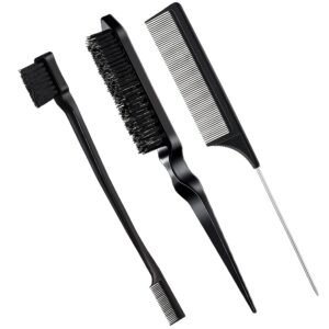 71FKJhyaLJL._SL1500_.jpg Geiserailie 3 Pcs Slick Back Hair Brush Set Bristle Brush Edge Control Teasing Comb for Women Black Hair(Black)