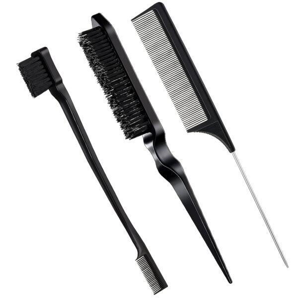 71FKJhyaLJL._SL1500_.jpg Geiserailie 3 Pcs Slick Back Hair Brush Set Bristle Brush Edge Control Teasing Comb for Women Black Hair(Black)