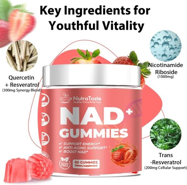 NAD+ Gummies Supplement for Anti-Aging, Energy & Focus Boost | Resveratrol, Nicotinamide Riboside | Strawberry Flavor,Vegan, Sugar-Free, 60 Count (Pack of 2)