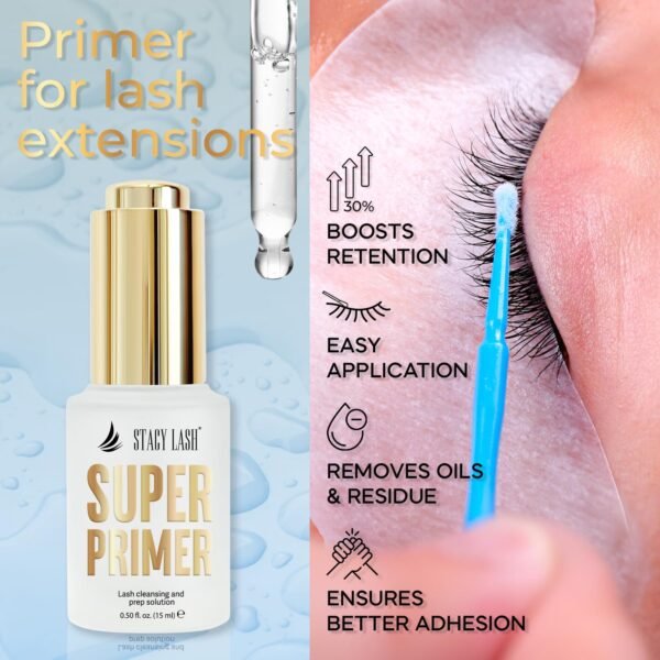 71FOZ5HDLzL._SL1500_.jpg Stacy Lash Primer for Lash Extensions | Super Primer/Cleanser 15ml | Eyelash Extension Primer | Protein Oil Remover | Increase Adhesive Bonding Power Retention | Professional Lash Supplies