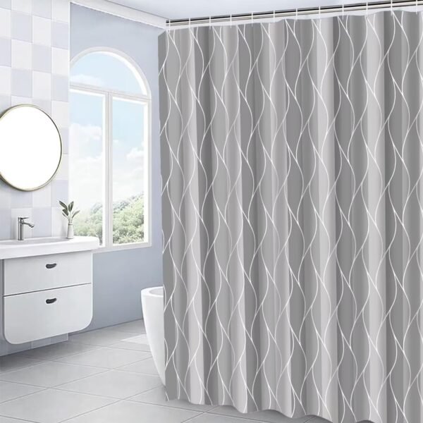 DDQQ 4Pcs Grey Shower Curtain Set with Rugs Stripe Bathroom Sets Geometric Wave Lines Shower Curtain with 12 Hooks Bathroom Decor with Rugs Bath Accessories with Mats Toilet Lid Cover