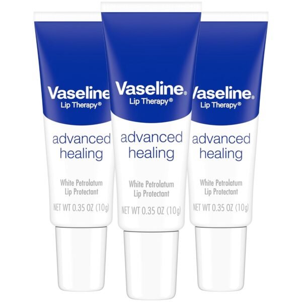 Vaseline Lip Therapy Advanced Healing 3-Pack – White Petroleum Moisturizing Lip Balm for Extremely Dry Lips, 0.35 Oz Ea