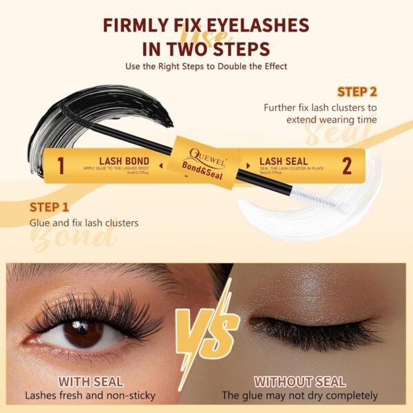 QUEWEL Lash Bond and Seal, 2 in 1 Lash Cluster Glue 10ML Eyelash Glue Waterproof Lash Bond and Seal Strong Hold for DIY Lash Extensions at Home
