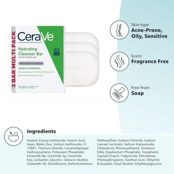CeraVe Hydrating Cleanser Bar, Soap-Free Body and Facial Cleanser with 5% Moisturizing Cream, Fragrance-Free, 3-Pack, 4.5 Ounce Each
