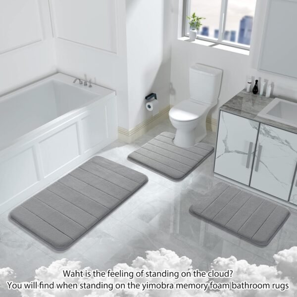 Yimobra Memory Foam Bath Mat Set 3 Pieces- Super Soft Absorbent Quick Dry Bathroom Rug Sets, Machine Washable Non Slip Floor Carpet for Tub Shower, Vanity & Toilet Base, Gray