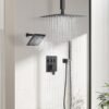 Shower Faucet Set Matte Black Shower System,Ceiling Rainfall Shower and Wall Mount Rain Shower with 2 in 1 Handheld, Simultaneous Use of All Functions, Shower Fixtures with Pressure Balance Valve
