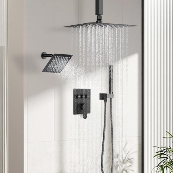 Shower Faucet Set Matte Black Shower System,Ceiling Rainfall Shower and Wall Mount Rain Shower with 2 in 1 Handheld, Simultaneous Use of All Functions, Shower Fixtures with Pressure Balance Valve