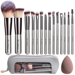 BS-MALL Travel Makeup Brush Set 14 Pcs Premium Synthetic Foundation Powder Concealers Eye shadows Blush Makeup Brushes with Cute Case and Makeup Sponge (A-Champagne)
