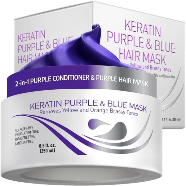 71HKdDwgHyL._SL1500_.jpg VITAMINS hair cosmetics Keratin Purple Hair Mask - Violet Blue Protein Deep Conditioner Treatment - Toner for Blonde Platinum Silver Gray Ash or Brown Colored Dry and Damaged Brassy Hair