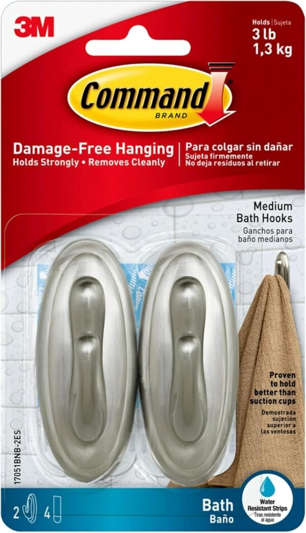 Command Medium Bath Hooks, Holds up to 3 lb, 2 Shower Hooks, 4 Water Resistant Strips, Brushed Nickel Colored, Damage Free Bathroom Organization for Robes, Towels, or Loofahs