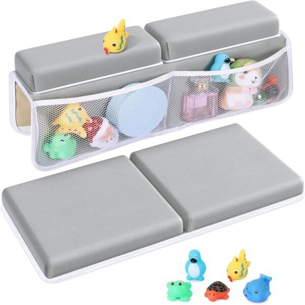 Bath Kneeler and Elbow Rest Pad Set - Gray Green - 1.5 inch Extra Thick Baby Bathtub Kneeling Pad and Removable Elbow Pad,with Baby Bath Toys and Organizer Pockets - Easy to Clean-Tiikiy