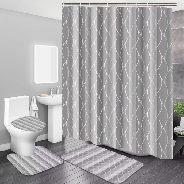 DDQQ 4Pcs Grey Shower Curtain Set with Rugs Stripe Bathroom Sets Geometric Wave Lines Shower Curtain with 12 Hooks Bathroom Decor with Rugs Bath Accessories with Mats Toilet Lid Cover