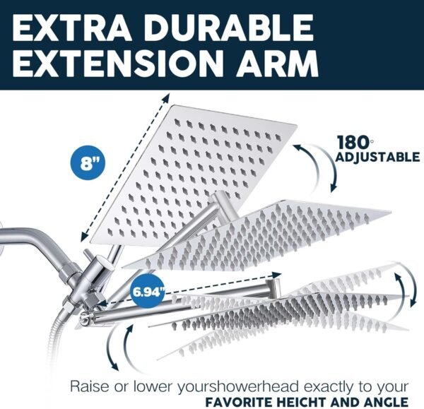 Shower Head,8”Rain Shower Head with Handheld Spray Combo with 11'' Angle Adjustable Extension Arm/Flow Regulator/Shower System,High Pressure Rainfall Shower Head Bathroom,Chrome
