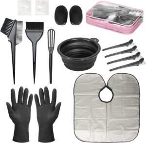 71Hp1wkdIZL._AC_SL1500_.jpg ROOHUA 16 Pieces Hair Dye Coloring Kit- Hair Tinting Bowl, Hair agitator, Dye Brush, Ear Cover, Hairpin, Hair Coloring Cape For Hair Dye Tools