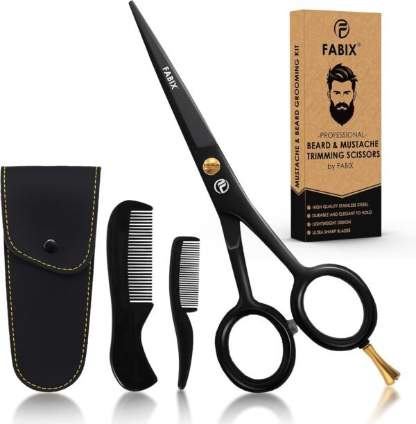 5” Professional Beard Mustache Scissors with 1 Beard Comb, 1 Mustache Comb and Travel Pouch - Perfect Beard Trimming Scissors for All Facial Hair Scissors - Grooming Scissors