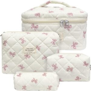 71I4T8IfHAL._AC_SL1500_.jpg 4 Piece Cute Pink Bow Quilted Makeup Bag Set, Large Capacity Travel Makeup Bags for Women and Girls, Includes Small, Small-Medium,Medium, and Large aesthetic makeup&Cosmetic Bags (4PCS-Pink Bow)