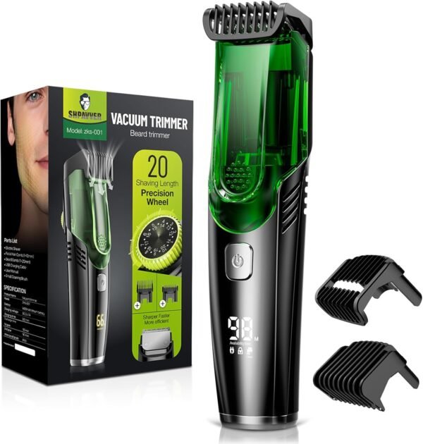 Beard Trimmer for Men: Vacuum Mustache Trimmer IPX7 Waterproof- Rechargeable Electric Beard Cutting Kit with Adjustable Length Comb- Built-in Vacuum for Sideburns, Stubble