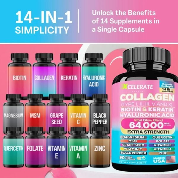 Cosmic Glow Blend Collagen Peptides Types I, II, III, V & X MCG Biotin Keratin Hyaluronic Acid MSM Vitamin A Vitamin C Vitamin E Folic Acid Zinc Magnesium with Grape Seed, (90 CAPS)