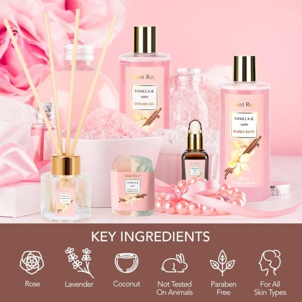 Bath and Body Gift Baskets for Women, 12 Pcs Vanilla Oat Spa Gifts for Women. Bath Gift Set Enriched Shea Butter. Home Spa with Shower Gel, Body Oil, Saint Roy Gifts for Mom