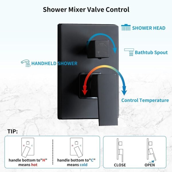 Matte Black Faucet Set Shower Head with Tub Spout and Handle System Square Wall Mount for Bathroom