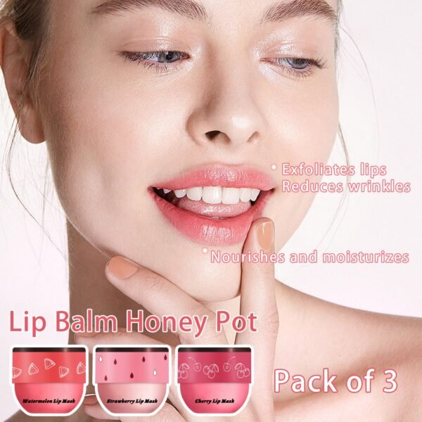 3 PCS Bee Lip Balm Honey Pot, Watermelon & Cherry & Strawberry Lip Mask Overnight Propolis Moisturizing Lip Balm Hydrating Prevention Dry and Crack Lip Scrubs Exfoliator Lip Wrinkle Care (Set C)