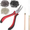 Hair Extension Tools Kit mit 600 Pcs Micro Ring Beads 1 Hair Extension Plier 2 Hook Needle Pulling, Wig Installation Kit, Hair Styling Tools Accessory(Black, Blonde and Brown Beads)