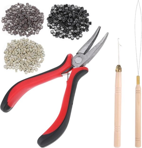 Hair Extension Tools Kit mit 600 Pcs Micro Ring Beads 1 Hair Extension Plier 2 Hook Needle Pulling, Wig Installation Kit, Hair Styling Tools Accessory(Black, Blonde and Brown Beads)