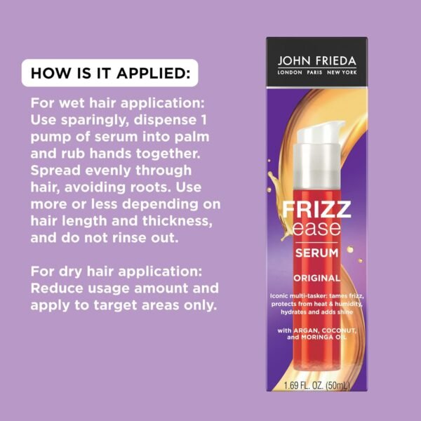 John Frieda Frizz Ease Original Hair Serum, Protecting Against Frizz, Heat, and Humidity While Adding Shine, Smooths Strands and Hydrates Parched Hair with Argan, Coconut, and Moringa Oil, 1.69 Oz