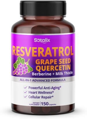 71Iihvgb10L._AC_SL1500_.jpg Resveratrol with Grape Seed + Quercetin Berberine + Milk Thistle Powerful Anti-Aging - USA Made & Tested (150-day Supply (Pack of 1))