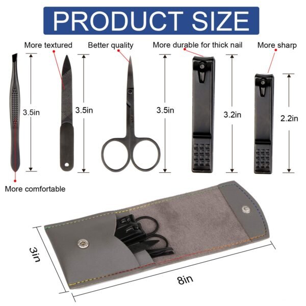 Manicure Pedicure Kit Nail Clippers Set Fingernails & Toenails Vibrissac Scissor 5 Pieces Best Care Tools for Man & Women with Travel Case (Gray/Black_A) (Gray/Black_A)
