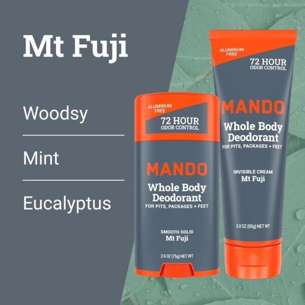 Mando Whole Body Deodorant - Invisible Cream Tube and Solid Stick - 72 Hour Odor Control - Aluminum Free, Baking Soda Free, Skin Safe - 3.0 Ounce Tube and 2.6 Ounce Solid Stick Bundle - Mt Fuji