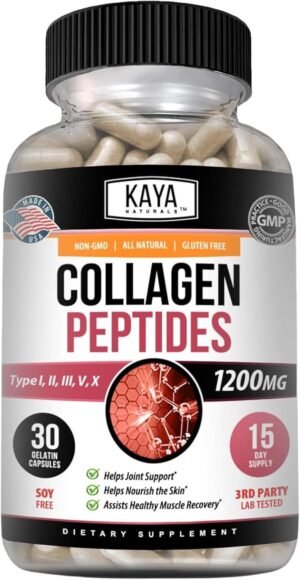 71Iv2ohy8hL._AC_SL1500_.jpg Kaya Naturals Multi Collagen Peptides Complex Powder for Women and Man, Vital for Hair, Skin, Nails, and Anti-Aging, Types I, II, III, V & X Collagen Protein Blend | Capsules - 30 Count Supplement