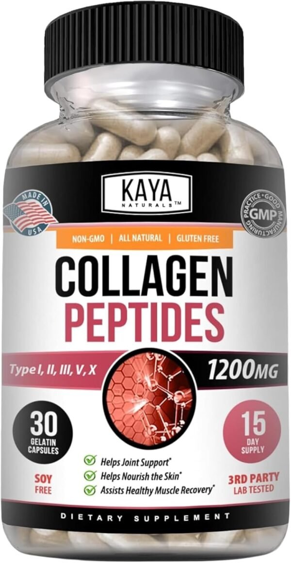 Kaya Naturals Multi Collagen Peptides Complex Powder for Women and Man, Vital for Hair, Skin, Nails, and Anti-Aging, Types I, II, III, V & X Collagen Protein Blend | Capsules - 30 Count Supplement