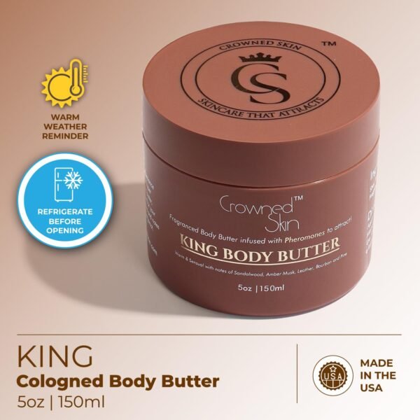 King Cologned Body Butter | Warm and Sensual Scent | Blended with Sandalwood & Leather | Infused with Organic Shea & Mango Butters | Moisturizing Formula with All-Day Fragrance | 5oz