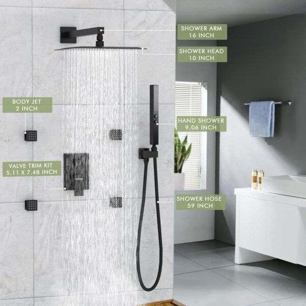 Shower Faucets Sets Shower System with Body Jets, Bostingner 10" Rain Shower Head with 2 In 1 Handheld Spray and 4 Jets, Wall Mounted All Metal 3 Way Shower Set with Valve and Trim Kit, Matte Black