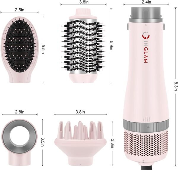 71JDQ580yS._AC_SL1500_.jpg IG INGLAM 4 in 1 Blowout Hair Dryer Brush Set - Negative Ion Detachable Hair Dryer, Volumizer Styler with 2 Brush Heads, Pink
